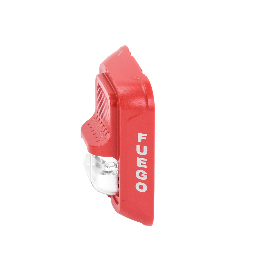 Sirena con Lámpara Estroboscópica a 2 Hilos, Montaje en Pared, Color Rojo, Configuración Estroboscópica Seleccionable y Texto en Español, Nuevo Diseño Moderno y Elegante y Menor Consumo de Corriente
