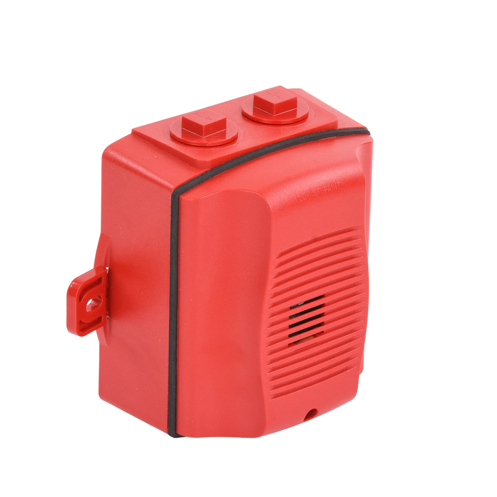 Sirena con Lámpara Estroboscópica a 2 Hilos, Montaje en Pared, Color Rojo, Configuración Estroboscópica Seleccionable y Texto en Español, Nuevo Diseño Moderno y Elegante y Menor Consumo de Corriente
