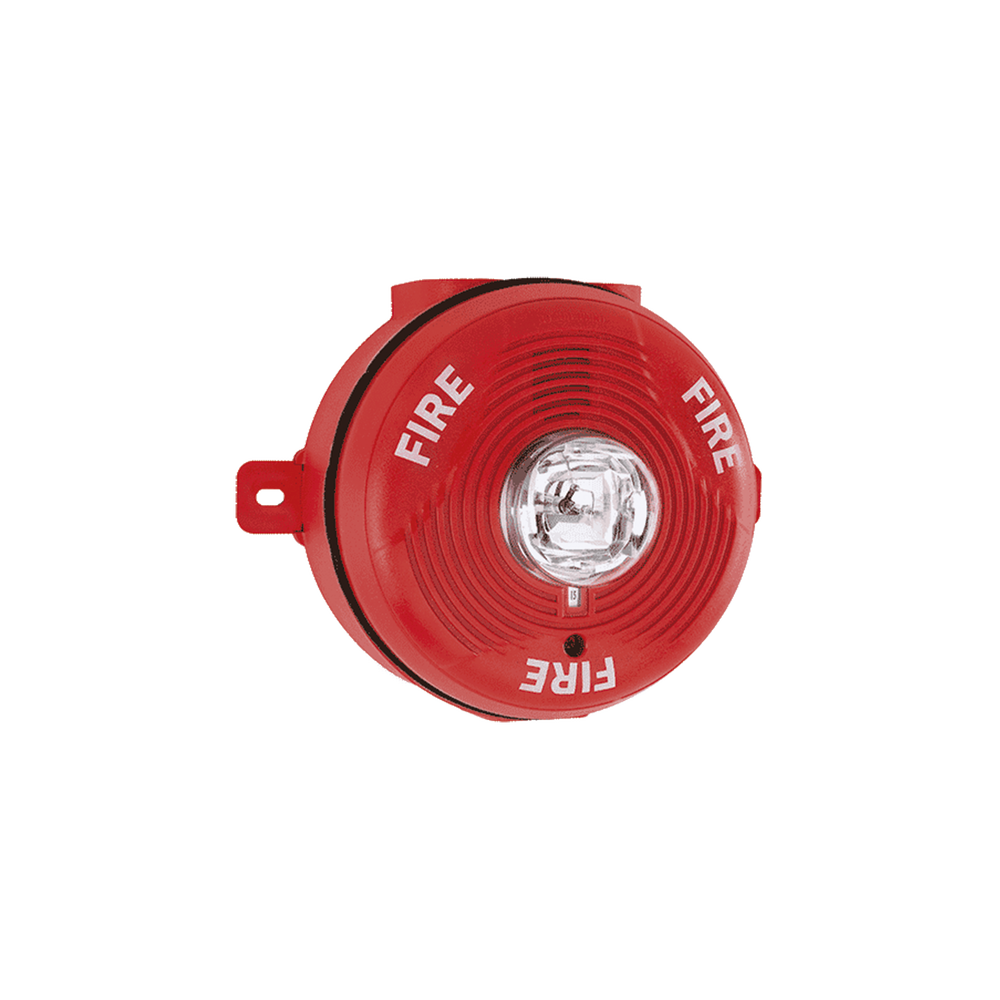 Sirena con Lámpara Estroboscópica para Exterior, Montaje en Techo, Nivel de Candelas Seleccionable, Color Rojo
