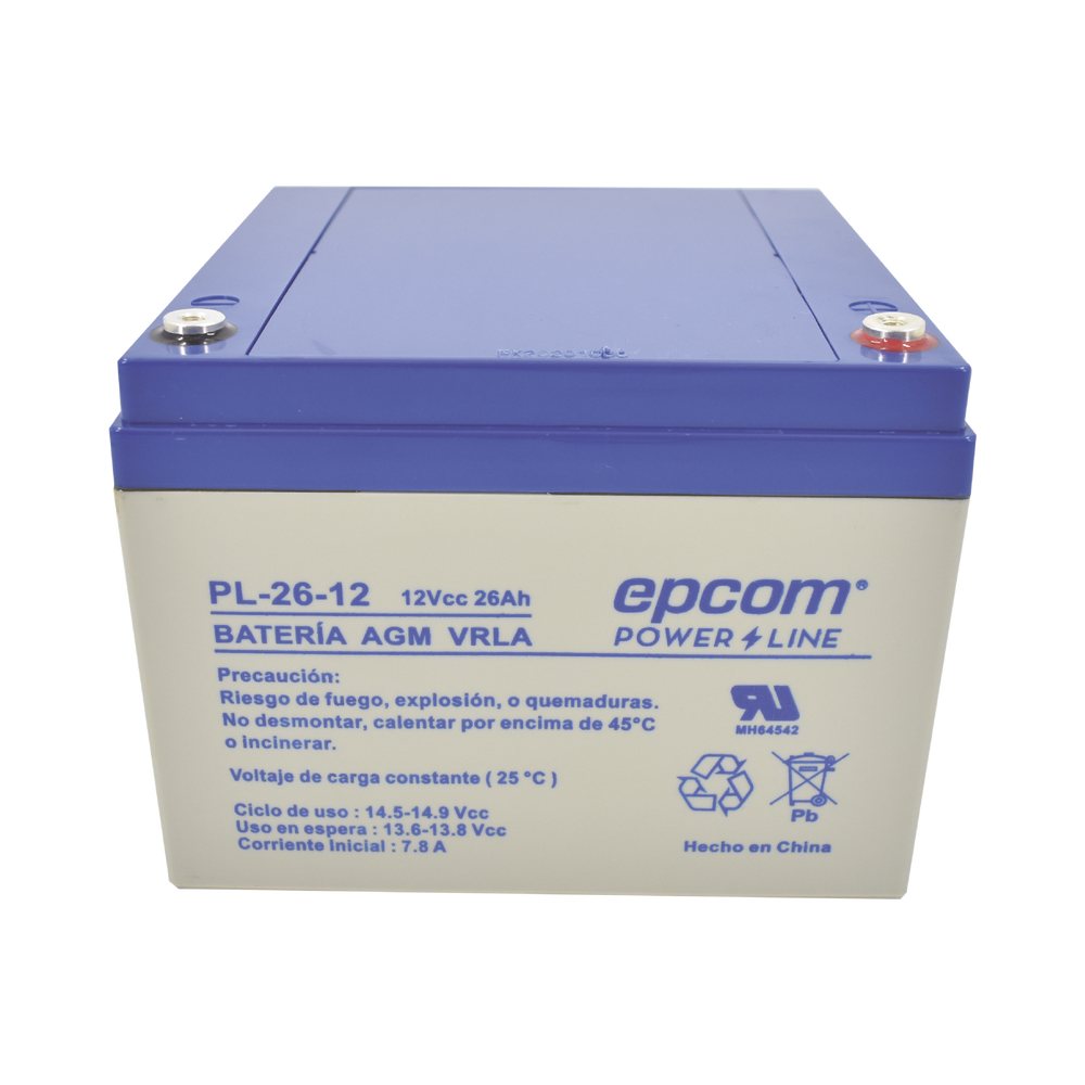 Batería de Respaldo para equipo electrónico / UL / 12V @ 26 Ah / Tecnología AGM-VRLA / Uso en: Alarmas  de intrusión / Incendio / Control de acceso / CCTV / Terminales tipo F1.