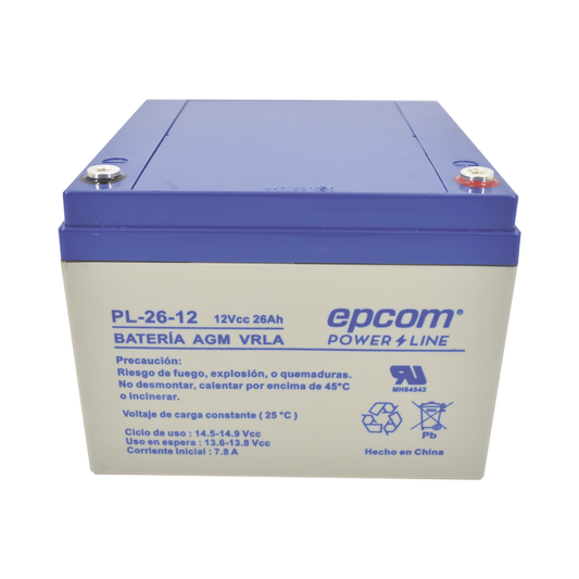 Batería de Respaldo para equipo electrónico / UL / 12V @ 26 Ah / Tecnología AGM-VRLA / Uso en: Alarmas  de intrusión / Incendio / Control de acceso / CCTV / Terminales tipo F1.