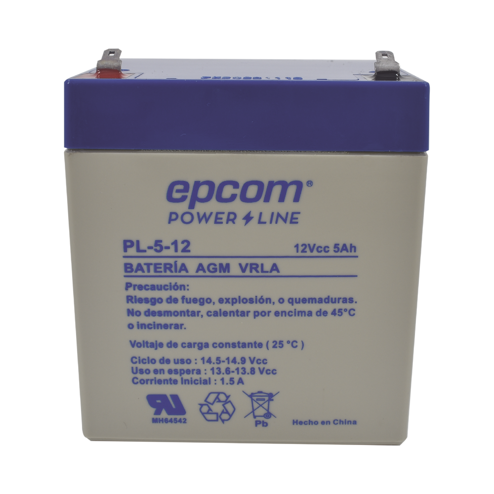 Batería de Respaldo para equipo electrónico / UL / 12V @ 5 Ah / Tecnología AGM-VRLA / Uso en: Alarmas de intrusión / Incendio / Control de acceso / CCTV /  Terminals tipo F1.