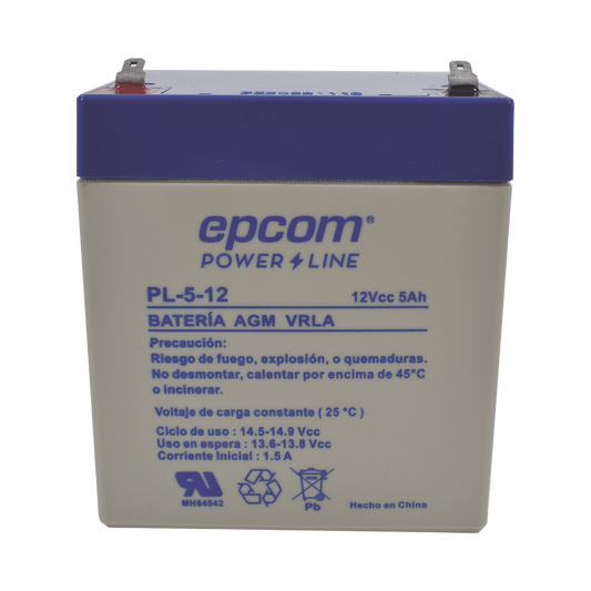 Batería de Respaldo para equipo electrónico / UL / 12V @ 5 Ah / Tecnología AGM-VRLA / Uso en: Alarmas de intrusión / Incendio / Control de acceso / CCTV /  Terminals tipo F1.