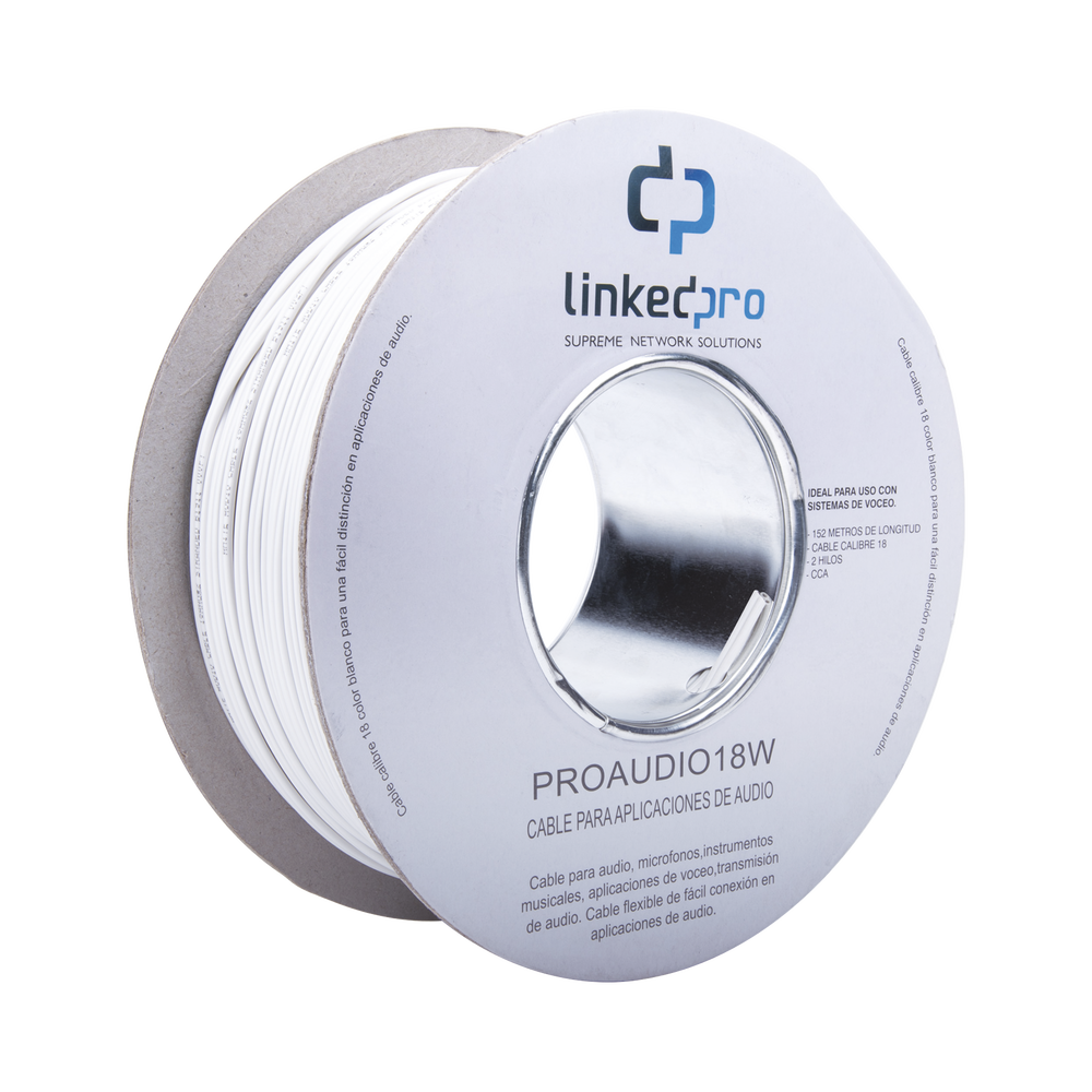 Bobina de 152 m para salidas de audio como bocinas, calibre 18 en 2 hilos de color blanco, Tipo CCA