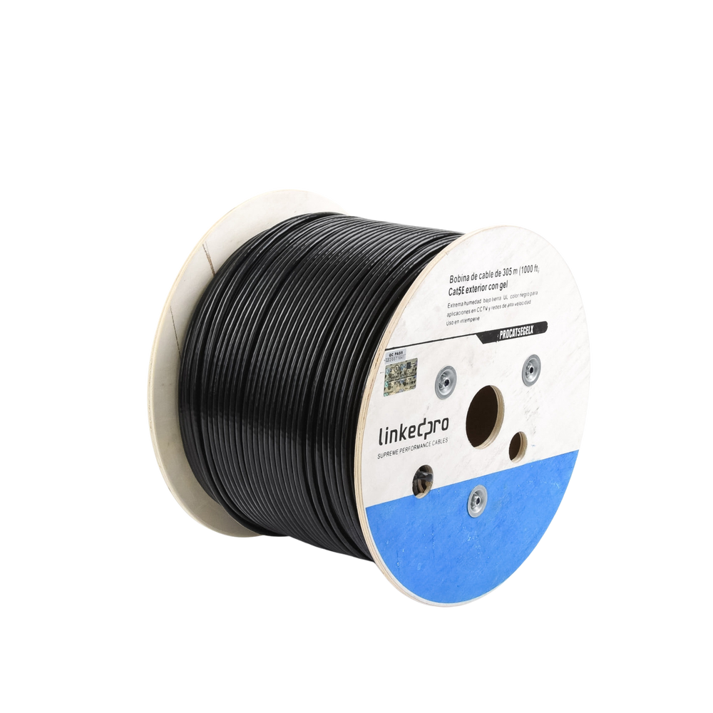 Bobina de cable de 305 m, Cat5E, con gel, para intemperie, doble forro extrema humedad, bajo tierra, UL, color negro para aplicaciones en CCTV, y redes de alta velocidad.
