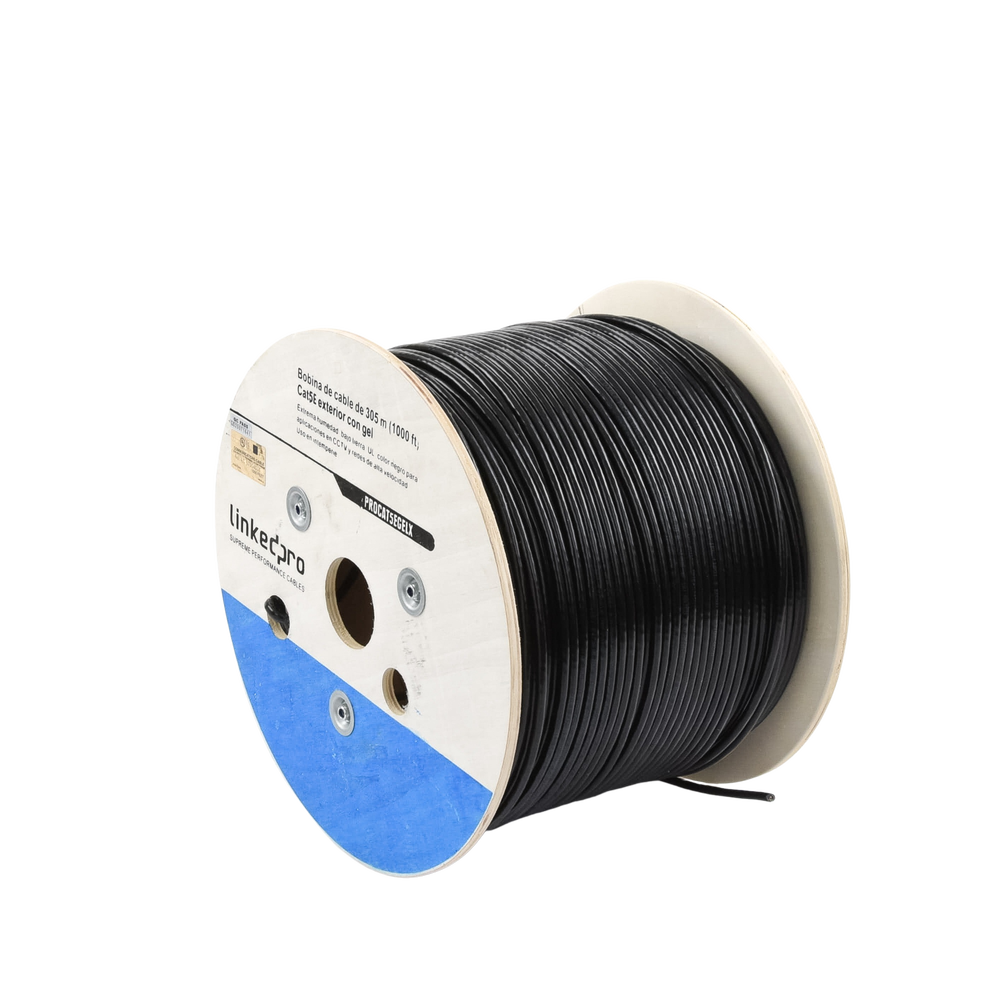 Bobina de cable de 305 m, Cat5E, con gel, para intemperie, doble forro extrema humedad, bajo tierra, UL, color negro para aplicaciones en CCTV, y redes de alta velocidad.