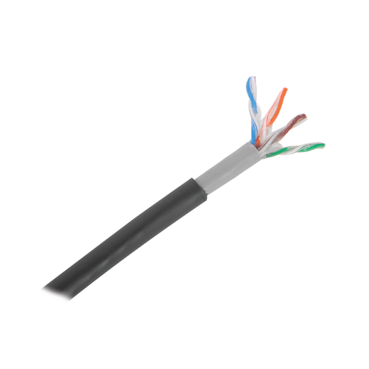 Bobina de cable de 305 m, Cat5E, con gel, para intemperie, doble forro extrema humedad, bajo tierra, UL, color negro para aplicaciones en CCTV, y redes de alta velocidad.