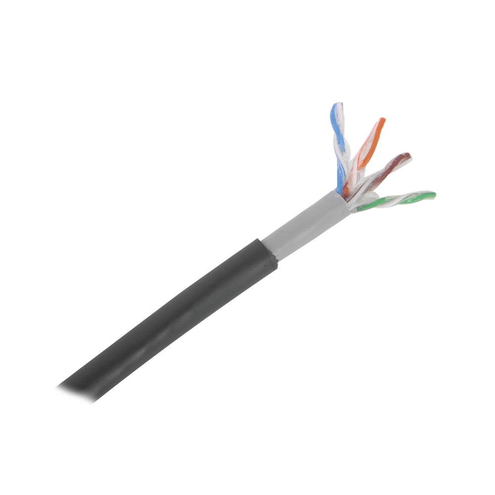 Bobina de cable de 152 m ( 500 ft) Cat5E exterior con gel, doble forro, extrema humedad, bajo tierra, UL, color negro para aplicaciones en CCTV, y redes de alta velocidad. Uso en intemperie