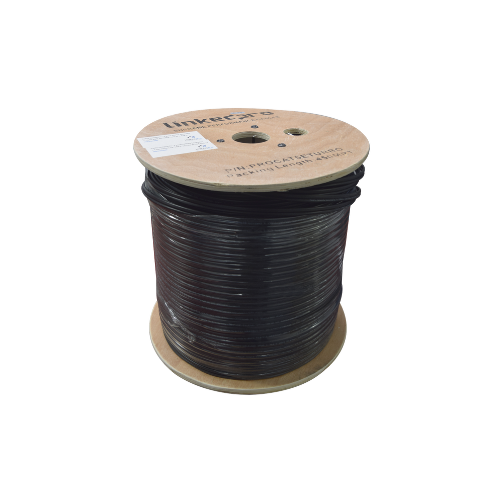 Bobina de cable de 450 m ( 1,476 ft ) compuesto por 2 pares de cable UTP 5e , blindado + 1 par calibre 16 LDPE. Uso en Intemperie