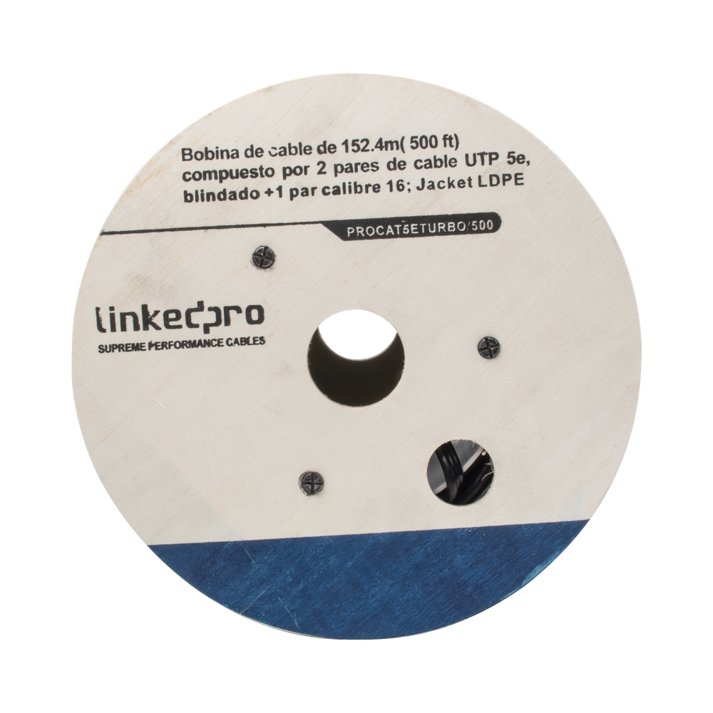 152 m (500 ft) cable reel consisting of 2 pairs of UTP 5e cable, shielded + 1 pair of 16 gauge; LDPE Jacket (100% Copper Cable)
