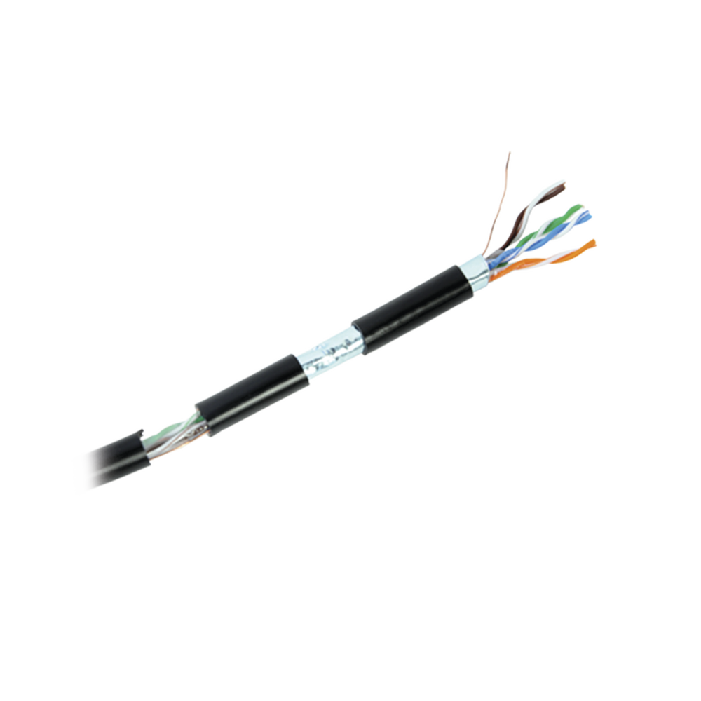 305m spool of Cat5e cable, black, unshielded, for video surveillance and data networking applications. Outdoor use.