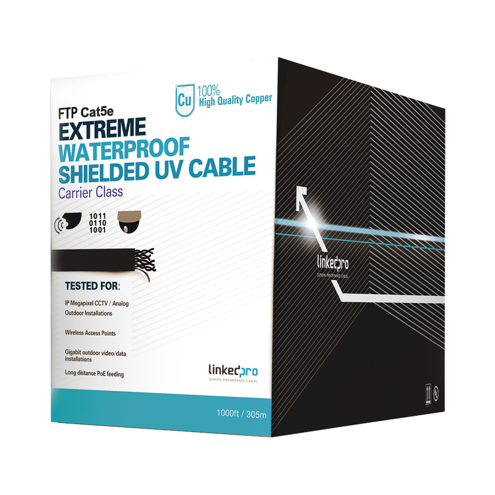 Bobina de cable de 305 m, Cat5e, color negro, sin blindar, para aplicaciones de video vigilancia, redes de datos. Uso en intemperie
