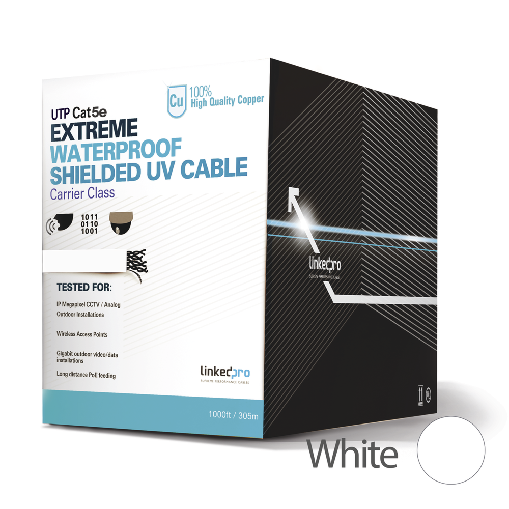 Bobina de cable de 305 m, Cat5e, para intemperie, blindado UV, color blanco, UL, para aplicaciones en CCTV, redes de datos.