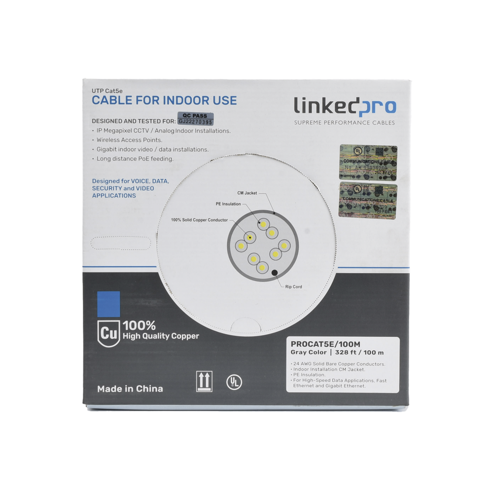 High-performance, ETL and UL-listed, 25-year warranty, gray Cat5e cable, 100 m (328 ft), for CCTV and data network applications. Indoor use.