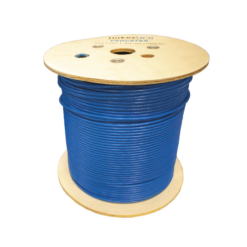 Bobina de cable U/UTP Cat6A de 305 mts, Color Azul, CM, soporta 10G-BaseT para transmisión de frecuencias de hasta 500MHz, UL
