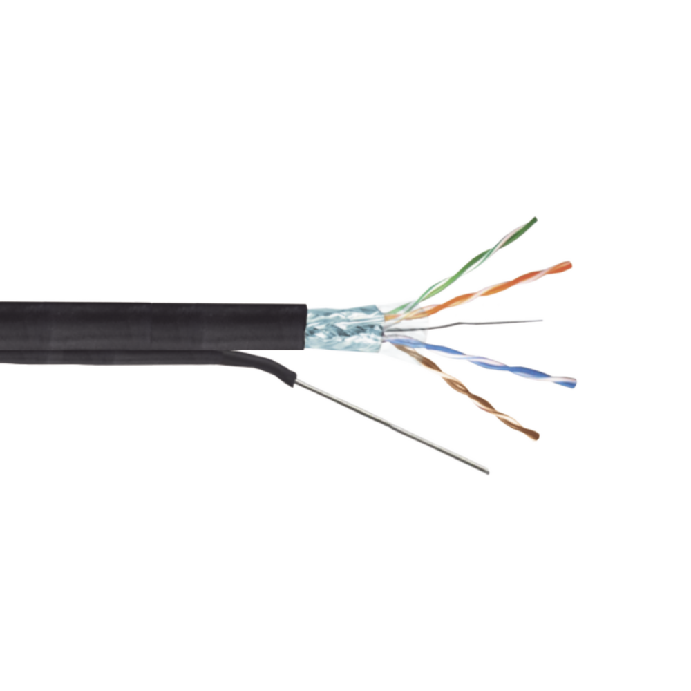 Bobina de cable FTP con Mensajero de Acero de 305 m Cat6+ CALIBRE 23, color negro, para aplicaciones en CCTV y redes de datos / Uso en Intemperie y aplicaciones Aéreas