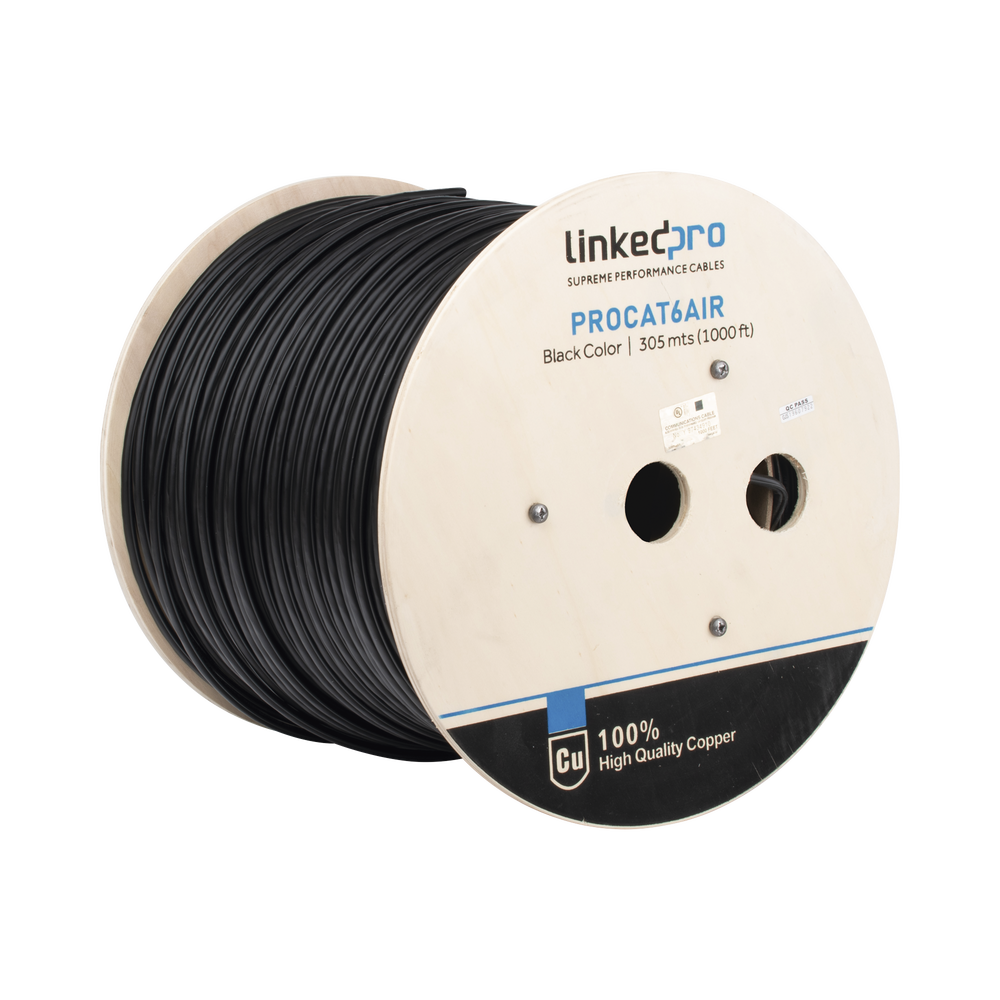 Bobina de cable FTP con Mensajero de Acero de 305 m Cat6+ CALIBRE 23, color negro, para aplicaciones en CCTV y redes de datos / Uso en Intemperie y aplicaciones Aéreas