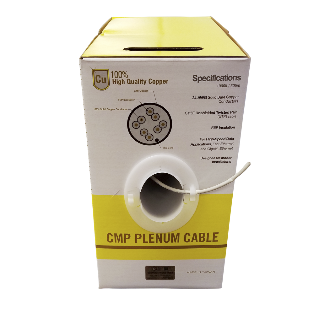 1000ft (305m) high-performance Cat6 Plus PLENUM cable spool in blue for megapixel IP cameras, CCTV applications, HD video, and high-speed data.