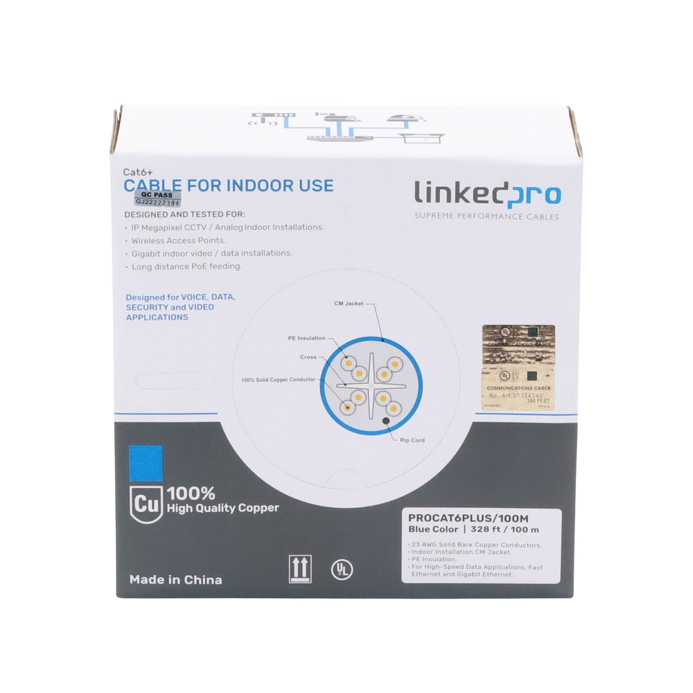 Cat6+ Cable GAUGE 23 HIGH PERFORMANCE, ETL, UL, with 25-year warranty, blue color, 100 meters, super flexible, for CCTV applications, HD video, and data networks.