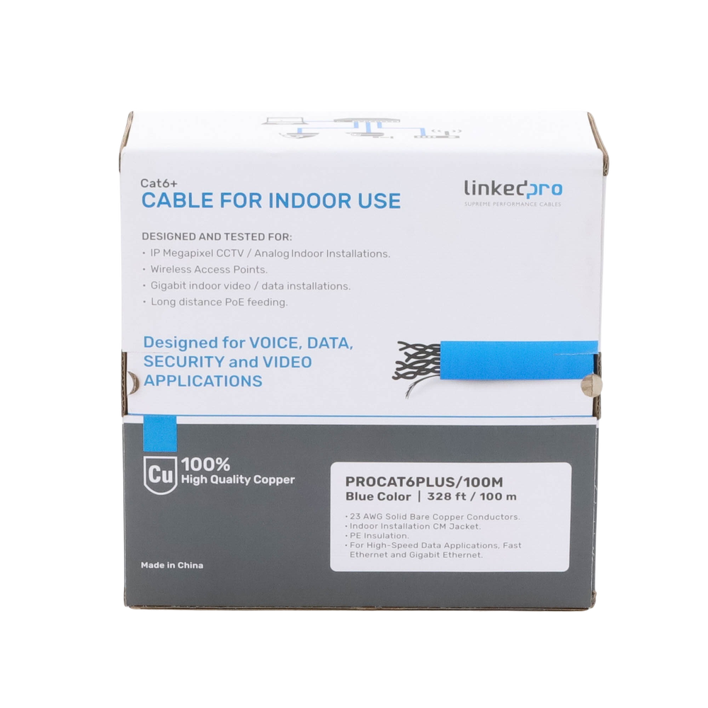 Cat6+ Cable GAUGE 23 HIGH PERFORMANCE, ETL, UL, with 25-year warranty, blue color, 100 meters, super flexible, for CCTV applications, HD video, and data networks.