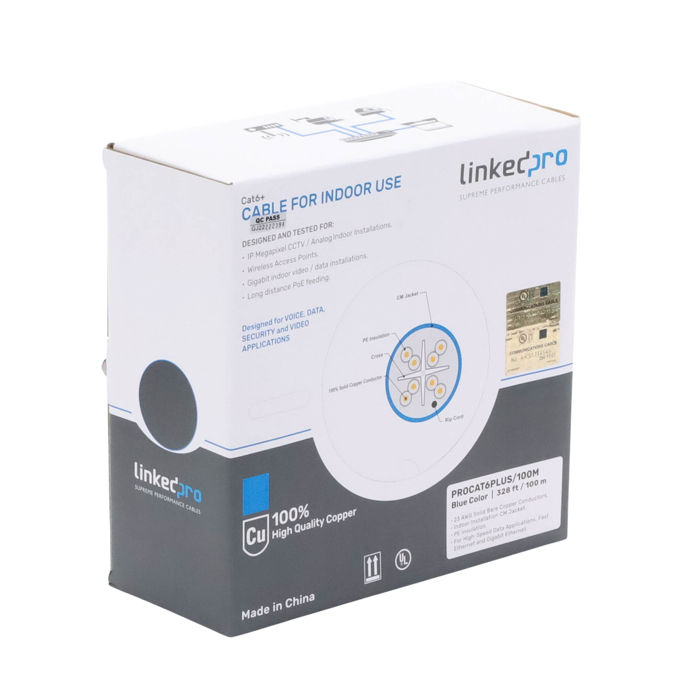 Cat6+ Cable GAUGE 23 HIGH PERFORMANCE, ETL, UL, with 25-year warranty, blue color, 100 meters, super flexible, for CCTV applications, HD video, and data networks.