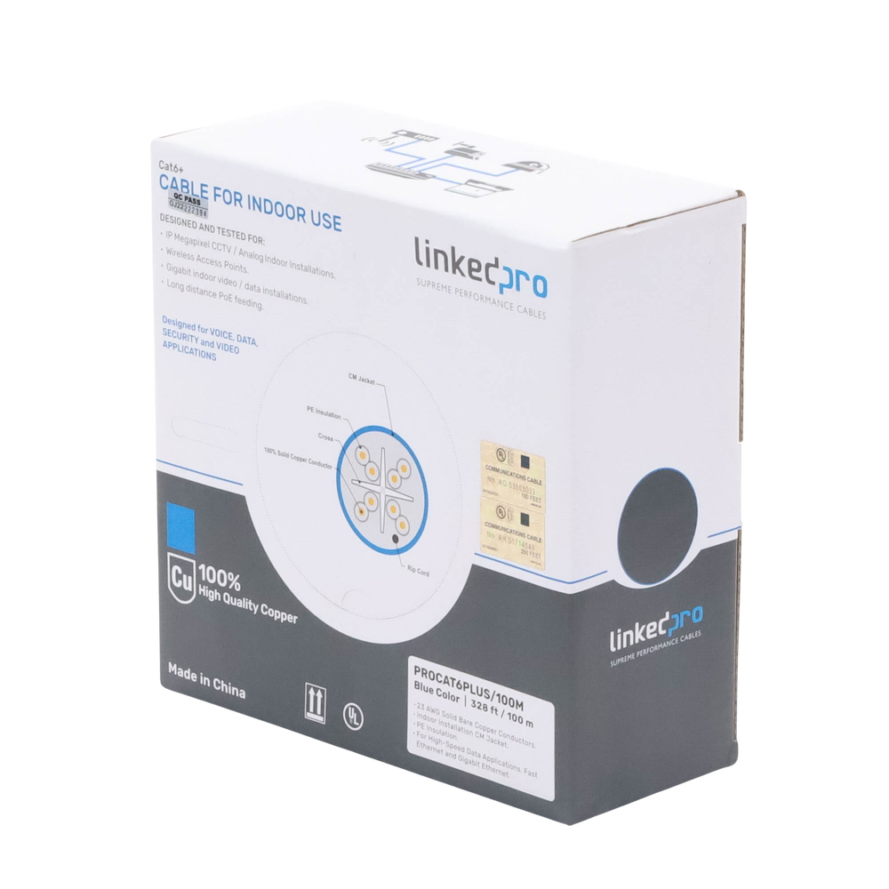 Cat6+ Cable GAUGE 23 HIGH PERFORMANCE, ETL, UL, with 25-year warranty, blue color, 100 meters, super flexible, for CCTV applications, HD video, and data networks.