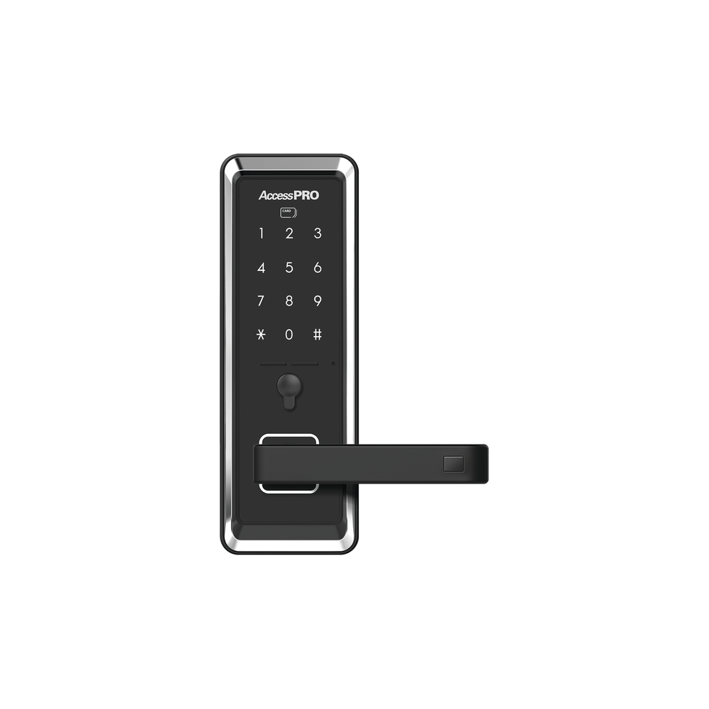 Smart lock with touch screen keypad, opening with Mifare card/password and emergency key, compact design for single-knob doors