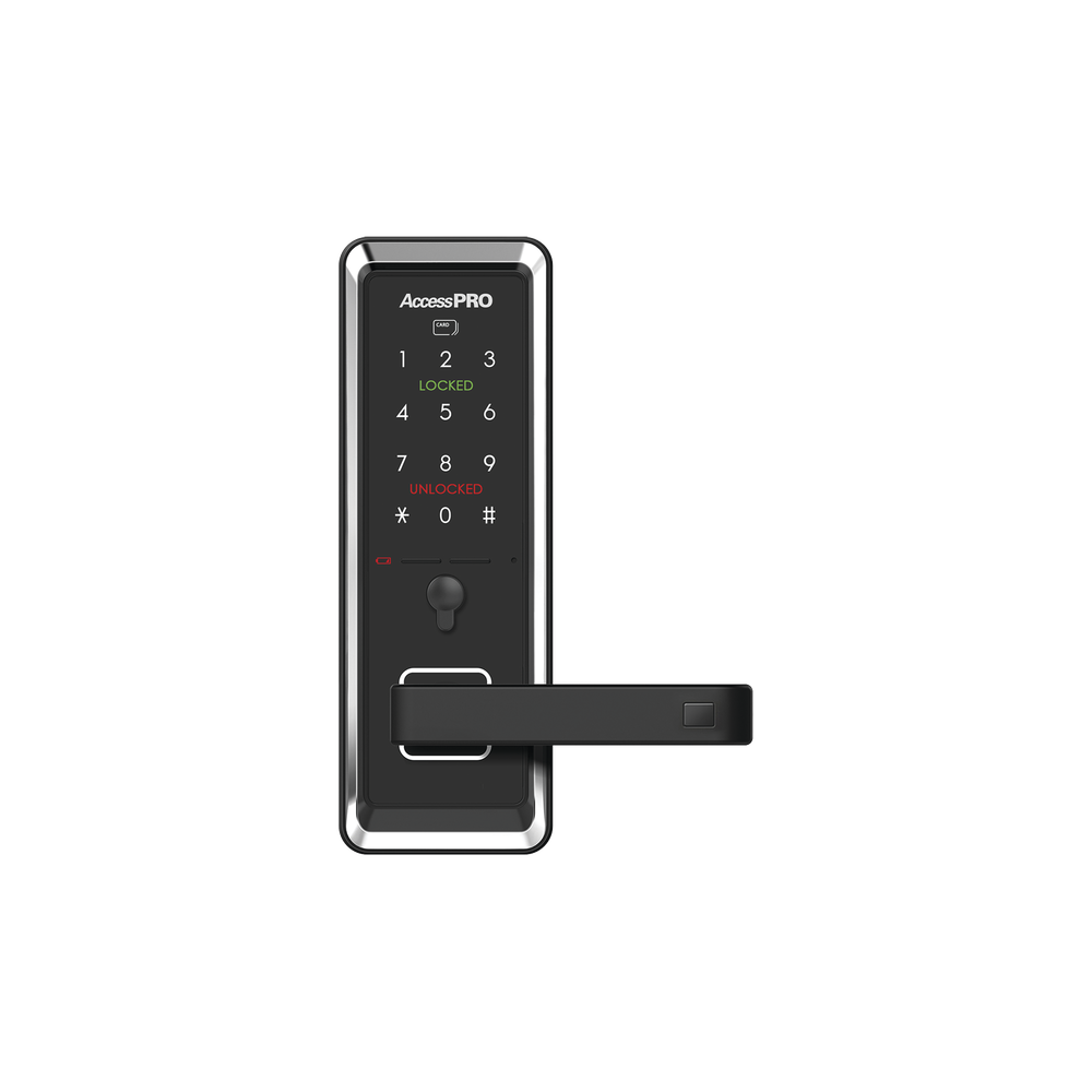 Cerradura inteligente con teclado Touch Screen, Apertura con tarjeta Mifare /Contraseña y Llave de emergencia de diseño compacto para puertas de perilla simple