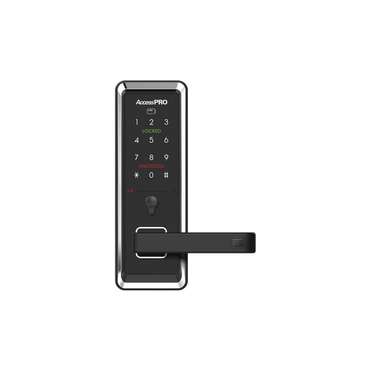 Cerradura inteligente con teclado Touch Screen, Apertura con tarjeta Mifare /Contraseña y Llave de emergencia de diseño compacto para puertas de perilla simple