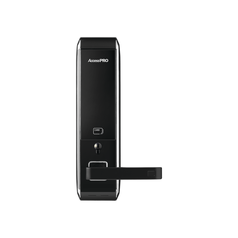 Smart door lock with double deadbolt/touch screen keypad, opening with Mifare card/password and emergency key