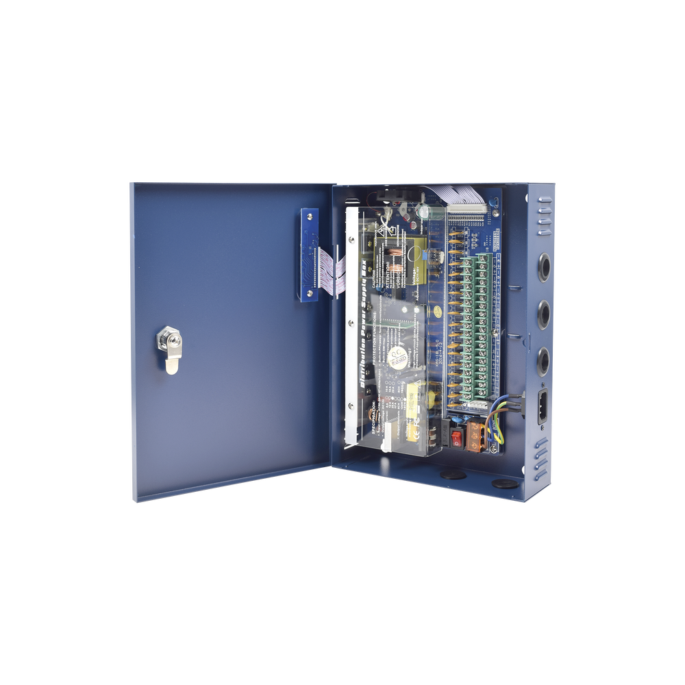 Fuente de poder profesional HEAVY DUTY de 11 - 15 Vcd @ 20 Amper, para 18 cámaras, con voltaje de entrada de: 96-264 Vca