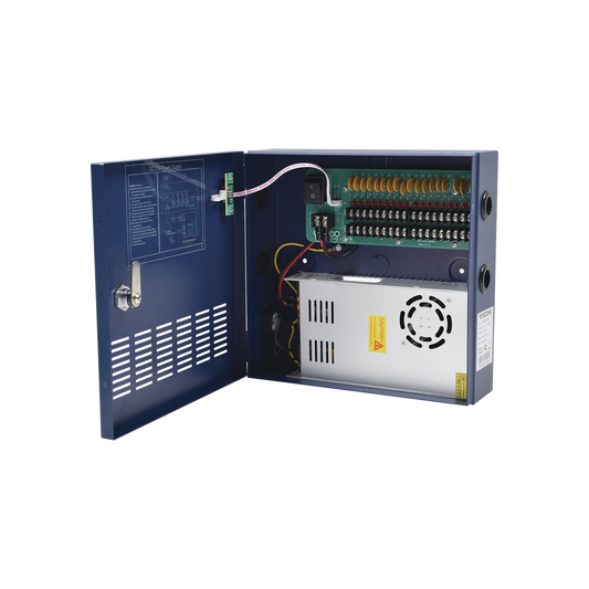 Fuente de poder profesional HEAVY DUTY de 11 - 15 Vcd @ 20 Amper, para 18 cámaras, con voltaje de entrada de: 96-264 Vca
