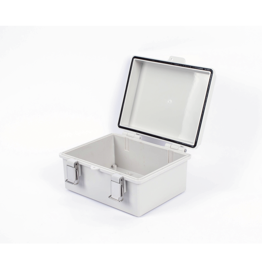 Gabinete de Plástico ABS, Uso en Intemperie IP66 (170 x 220 x 110 mm) Cierre por broche Inoxidable.
