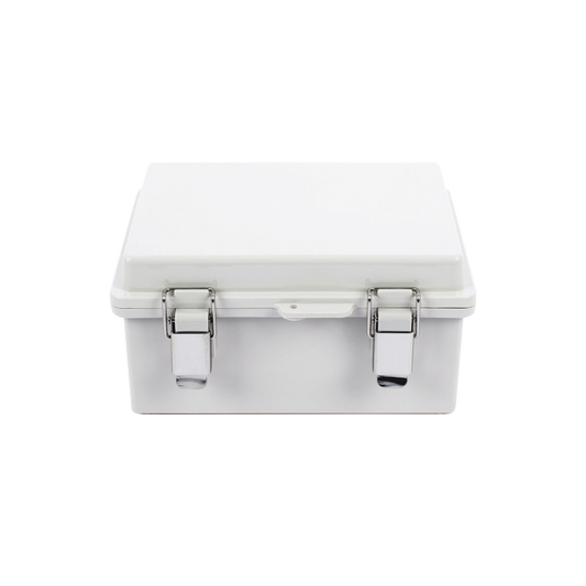 Gabinete de Plástico ABS, Uso en Intemperie IP66 (170 x 220 x 110 mm) Cierre por broche Inoxidable.