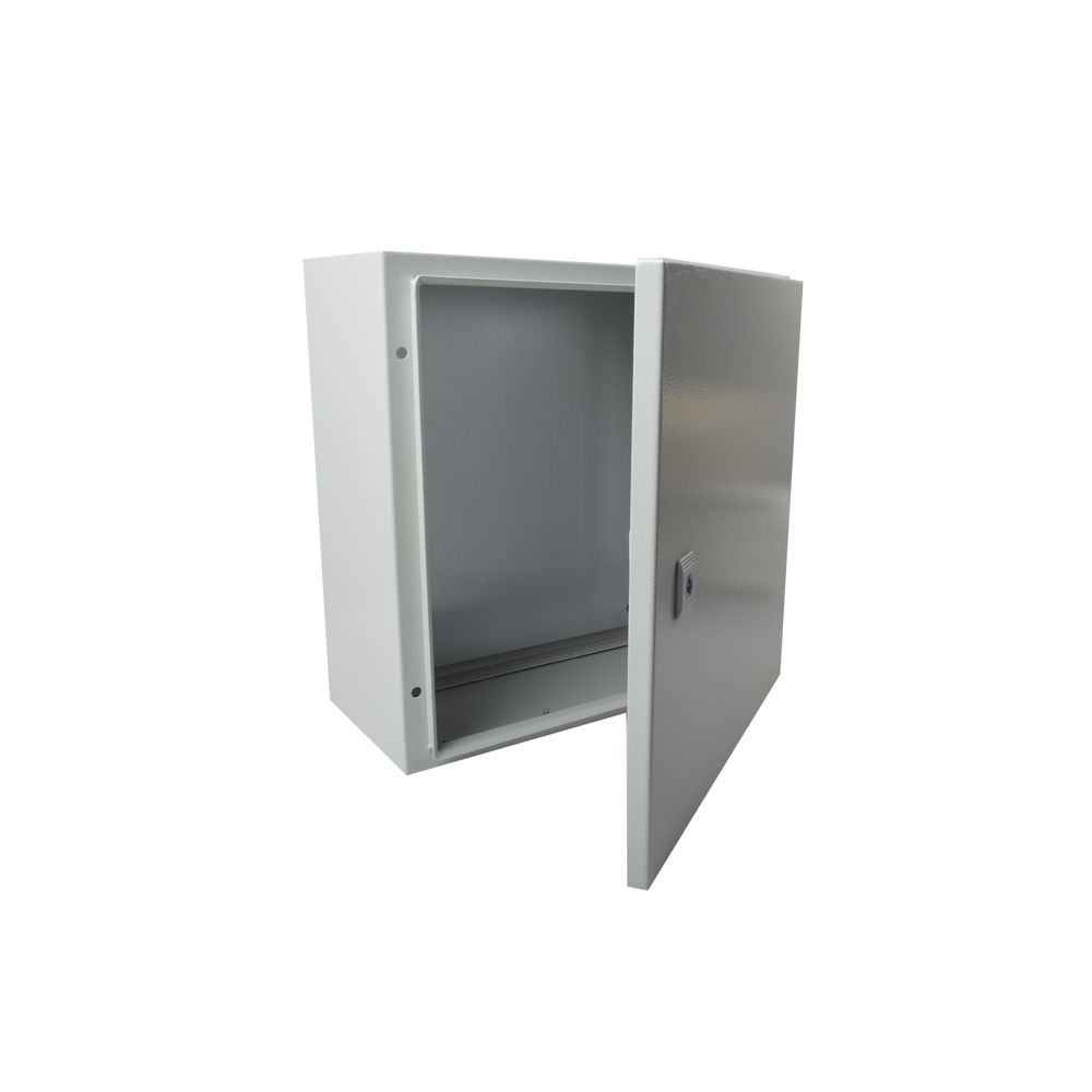 Gabinete de Acero IP66 Uso en Intemperie (250 x 300 x 150 mm) con Placa Trasera Interior y Compuerta Inferior Atornillable (Incluye Chapa y Llave).