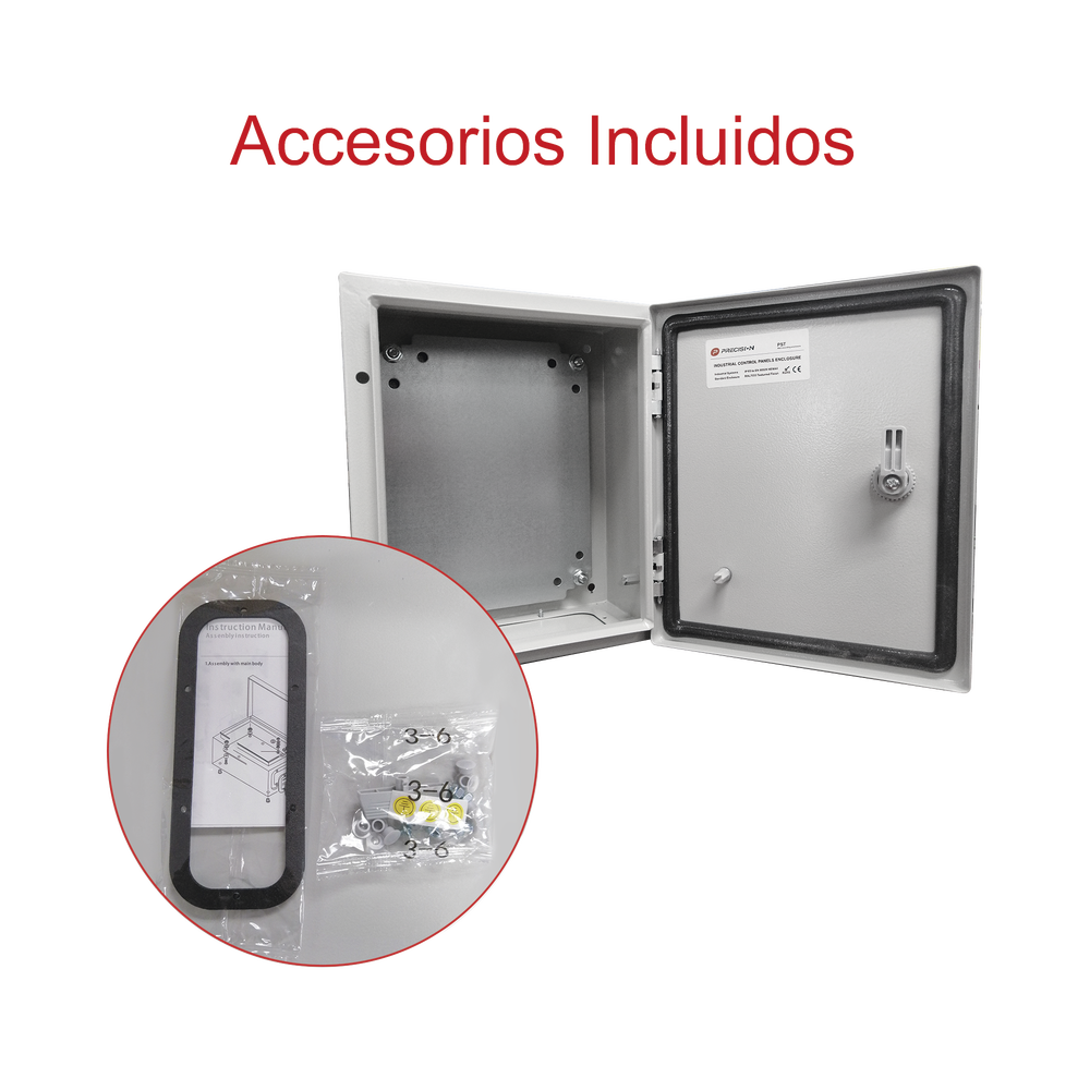 Gabinete de Acero IP66 Uso en Intemperie (250 x 300 x 150 mm) con Placa Trasera Interior y Compuerta Inferior Atornillable (Incluye Chapa y Llave).