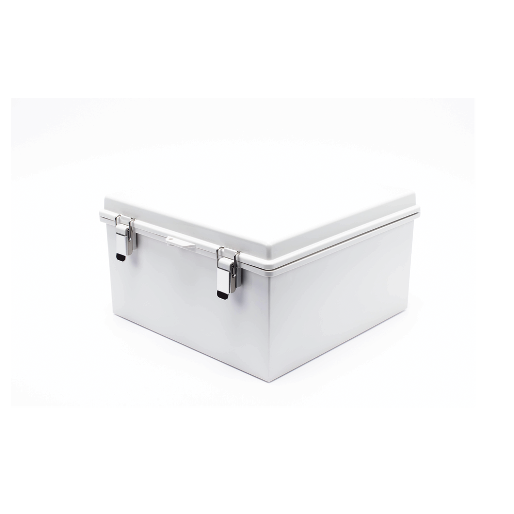 Gabinete de Plástico ABS, Uso en Intemperie ip66 (300 x 300 x 180 mm) Cierre por Broche Inoxidable.