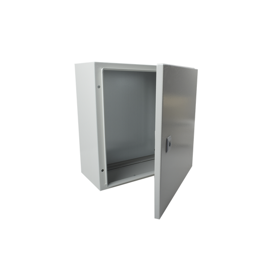 Gabinete de Acero IP66 Uso en Intemperie (400 x 400 x 200 mm) con Placa Trasera Interior y Compuerta Inferior Atornillable (Incluye Chapa y Llave).