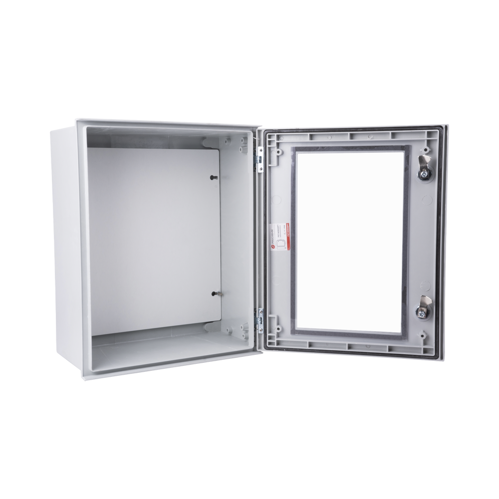 IP65 Polyester Cabinet with Transparent Door, Outdoor Use (400 x 500 x 200 mm) with Inner Back Plate (Includes Key and Plate).
