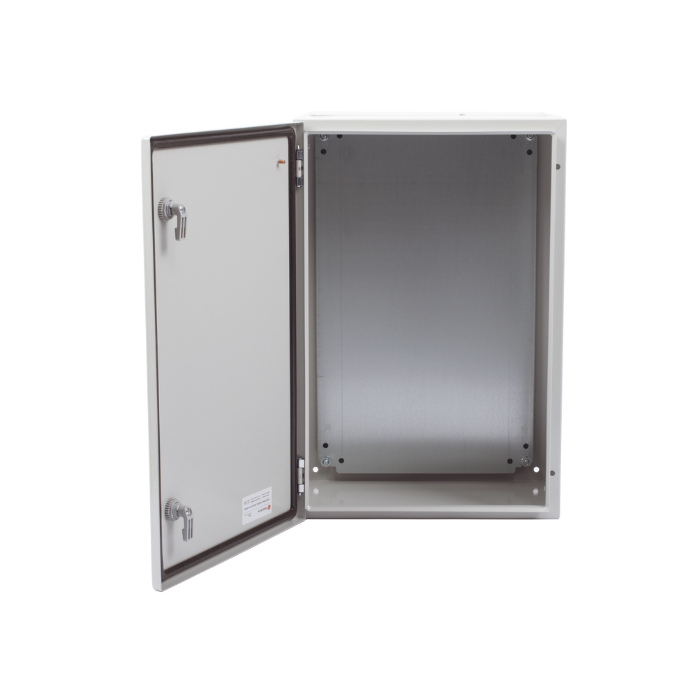 Gabinete de Acero IP66 Uso en Intemperie (400 x 600 x 250 mm) con Placa Trasera Interior y Compuerta Inferior Atornillable (Incluye Chapa y Llave).