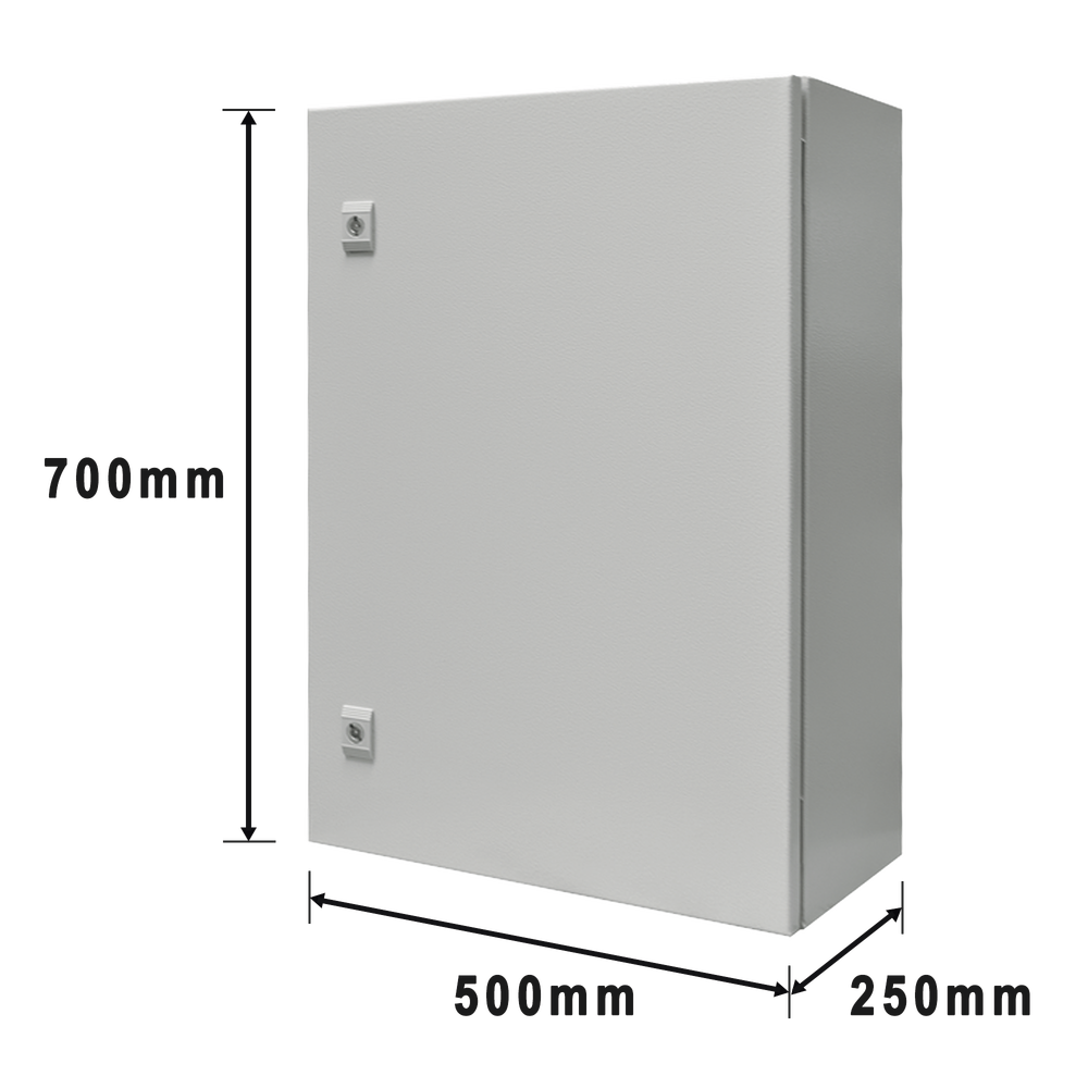 Gabinete de Acero IP66 Uso en Intemperie (500 x 700 x 250 mm) con Placa Trasera Interior y Compuerta Inferior Atornillable (Incluye Chapa y Llave).