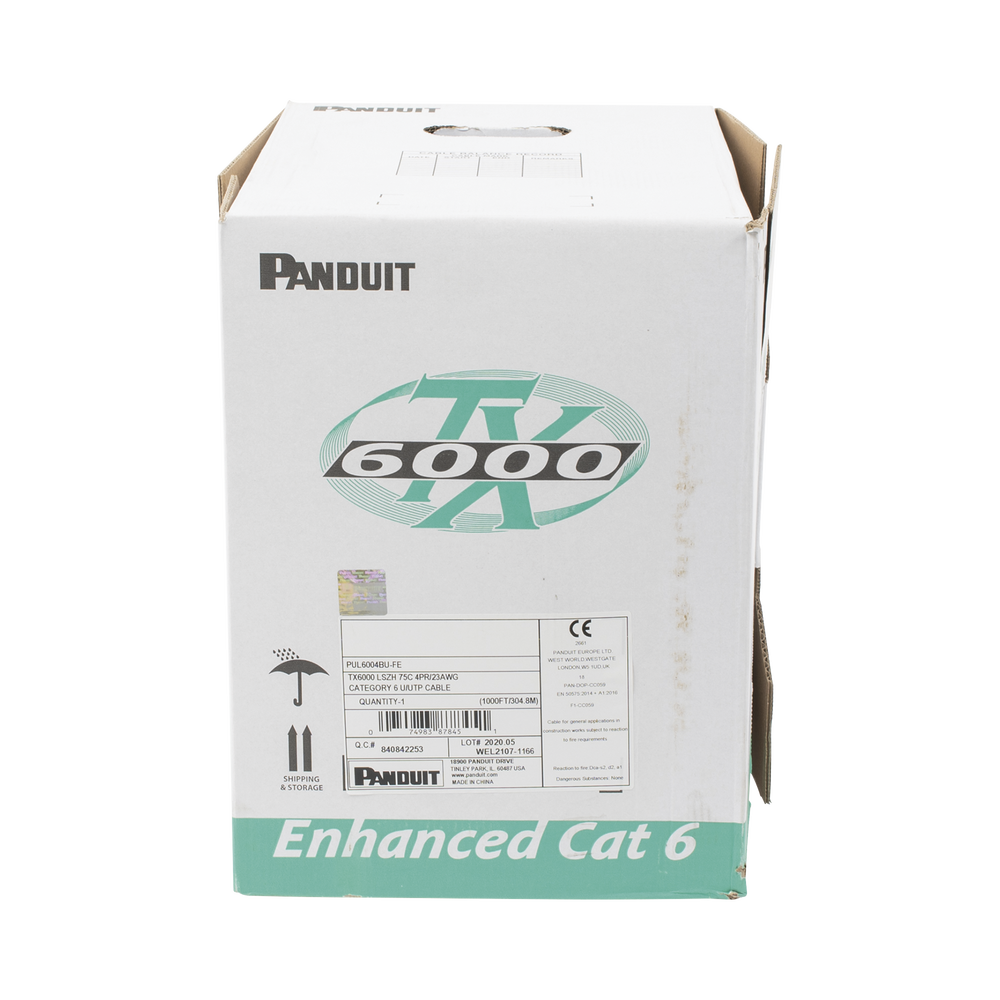 Bobina de Cable UTP 305 m. de Cobre, TX6000™ PanNet, Reelex, Azul, Categoría 6 Mejorado (23 AWG), LSZH (Bajo Humo, Cero Halógenos), de 4 pares