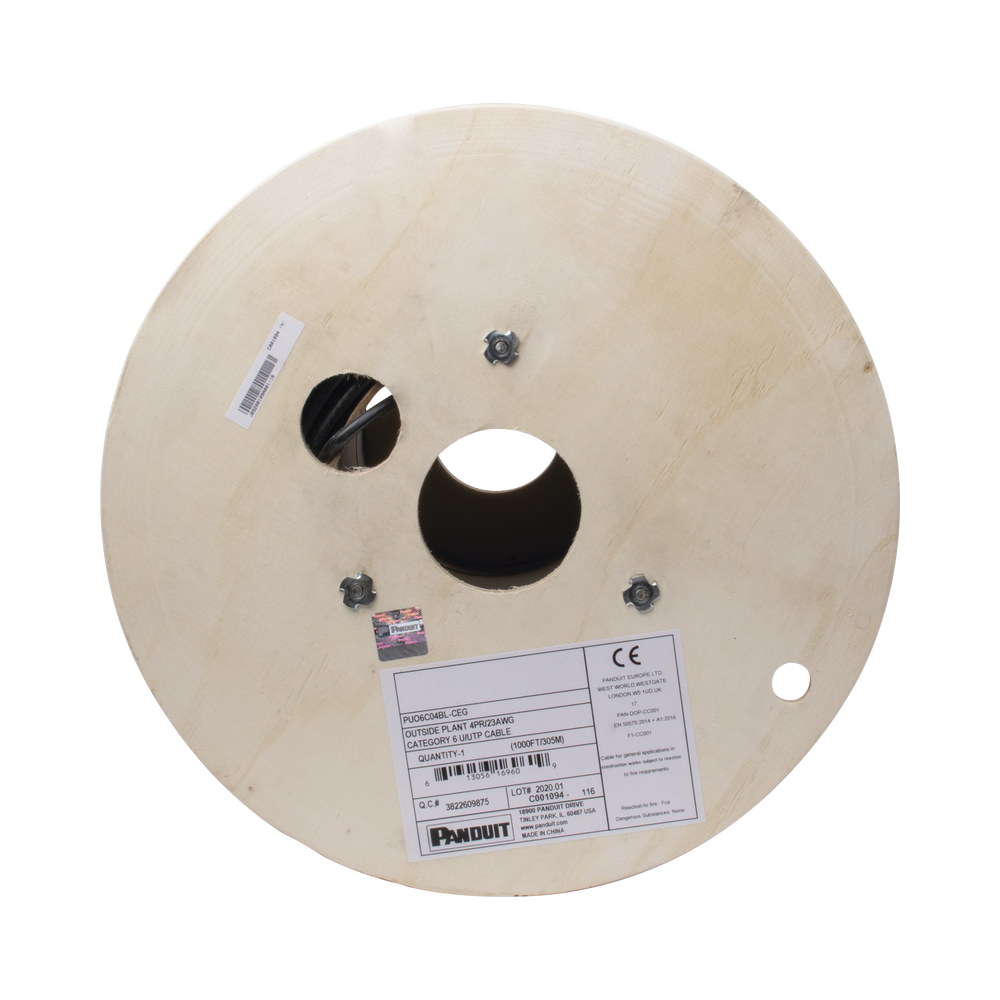 Cat6 (23 AWG) 4-Pair UTP Cable Reel, PanNet, Outdoor Gel Coated, Industrial for Extreme Climates, Black, 305m