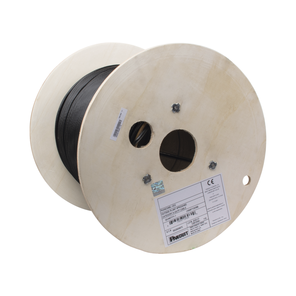Bobina de Cable UTP de 4 Pares, PanNet, Para Exterior con Gel, Cat6 (23 AWG), Industrial para Climas Extremos, Color Negro, 305 m