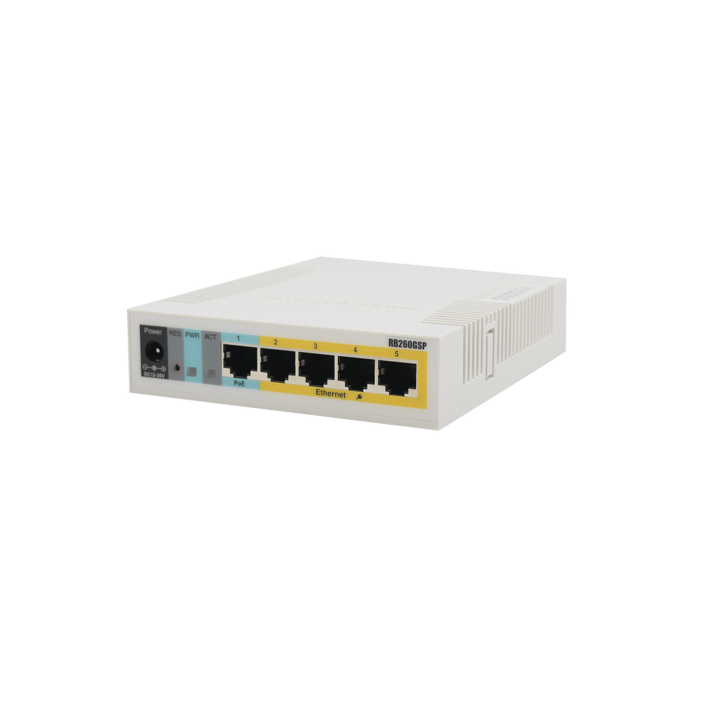 (RB260GSP) Switch Mikrotik 5 puertos PoE (Pasivo) (1in/4out) Gigabit Ethernet y 1 SFP
