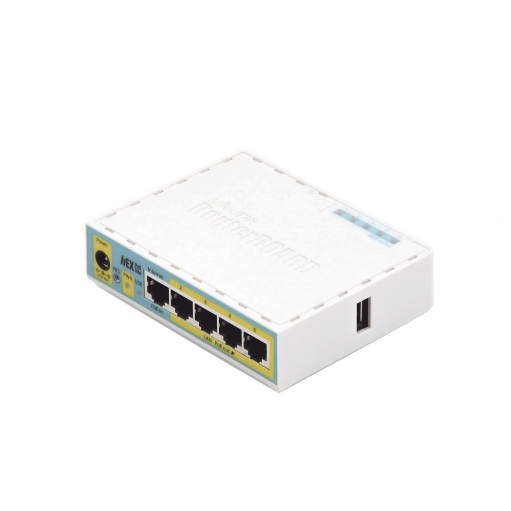 (hEX PoE LITE) RouterBoard, 5 Puertos Fast Ethernet, 4 con PoE Pasivo, 1 Puerto USB