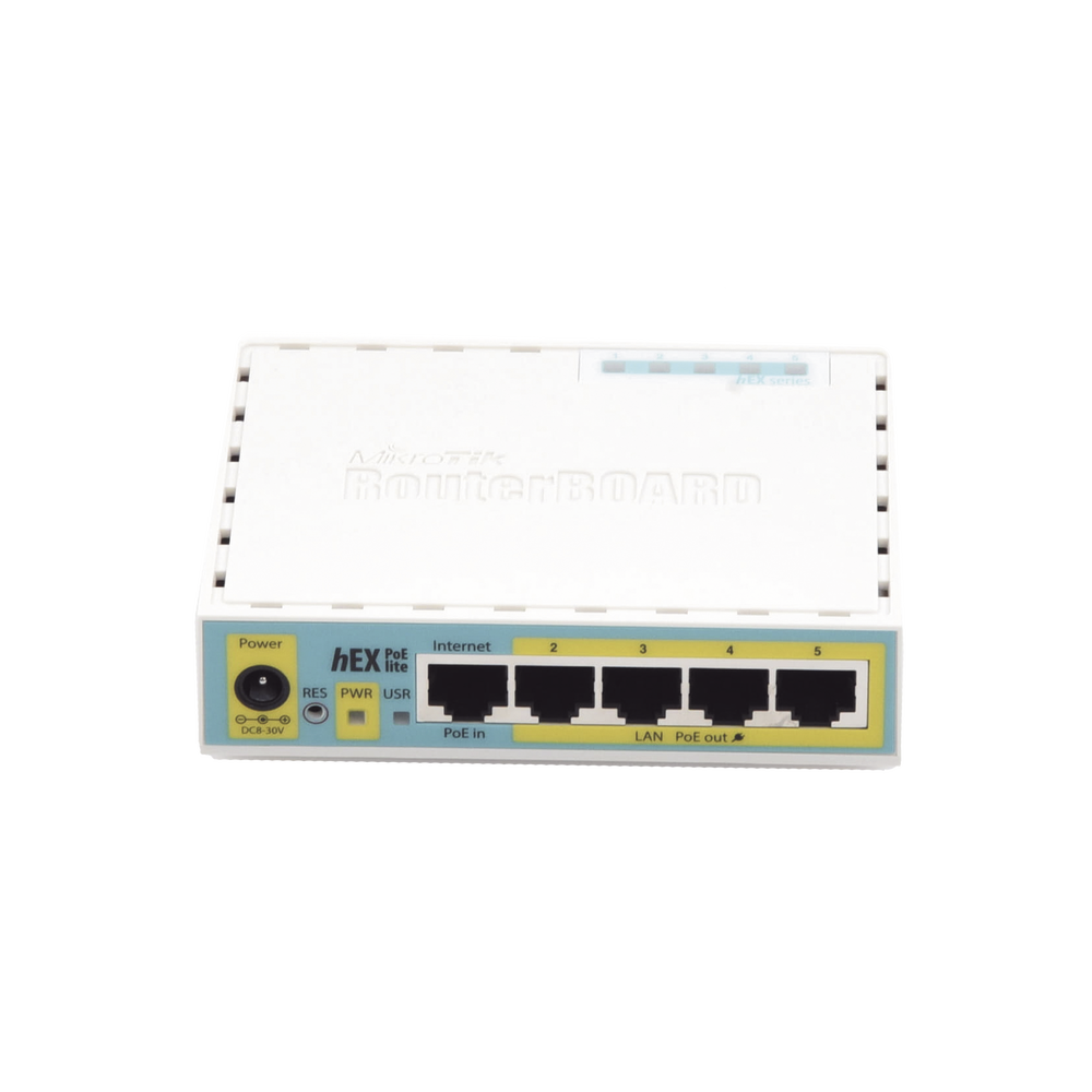 (hEX PoE LITE) RouterBoard, 5 Puertos Fast Ethernet, 4 con PoE Pasivo, 1 Puerto USB