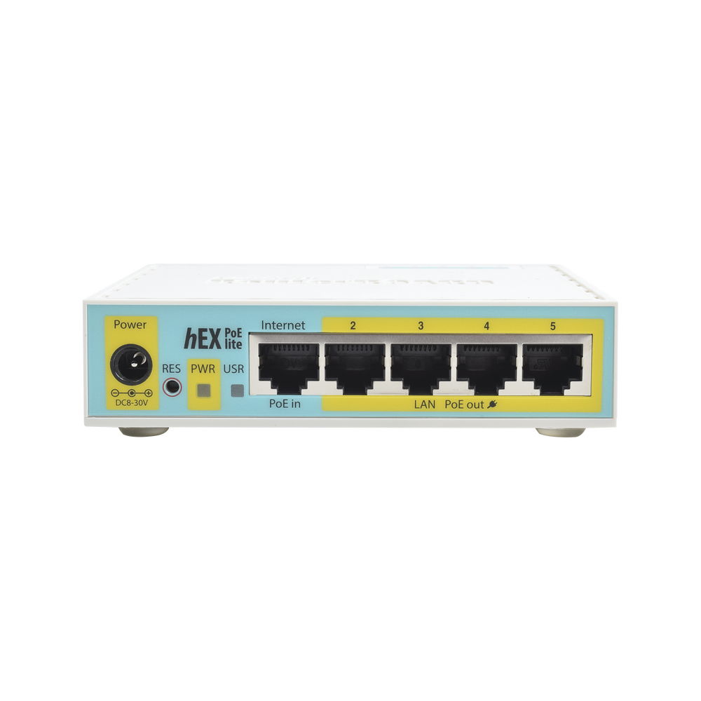 (hEX PoE LITE) RouterBoard, 5 Puertos Fast Ethernet, 4 con PoE Pasivo, 1 Puerto USB
