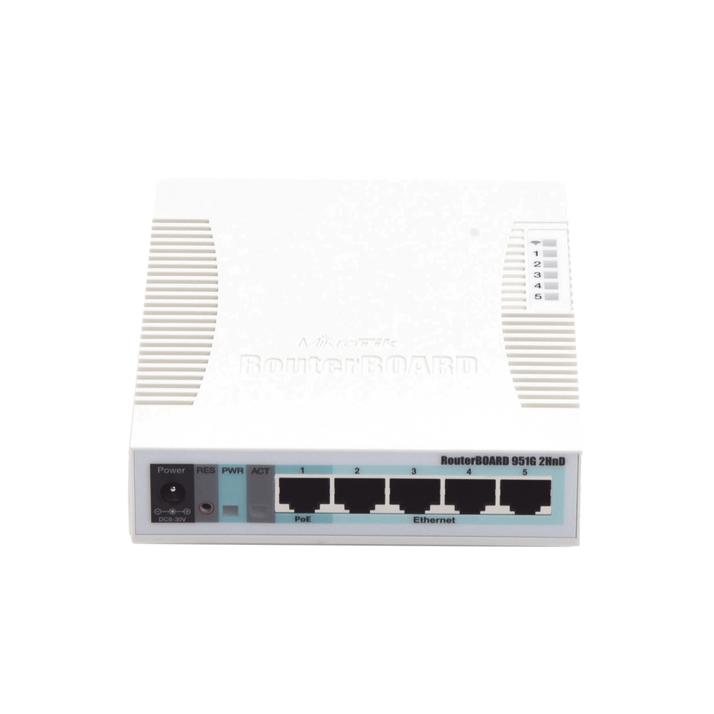 RouterBoard, 5 Puertos Gigabit Ethernet, 1 Puerto USB, WiFi 2.4 GHz 802.11b/g/n, Antena de 2.5 dbi hasta 1W de potencia