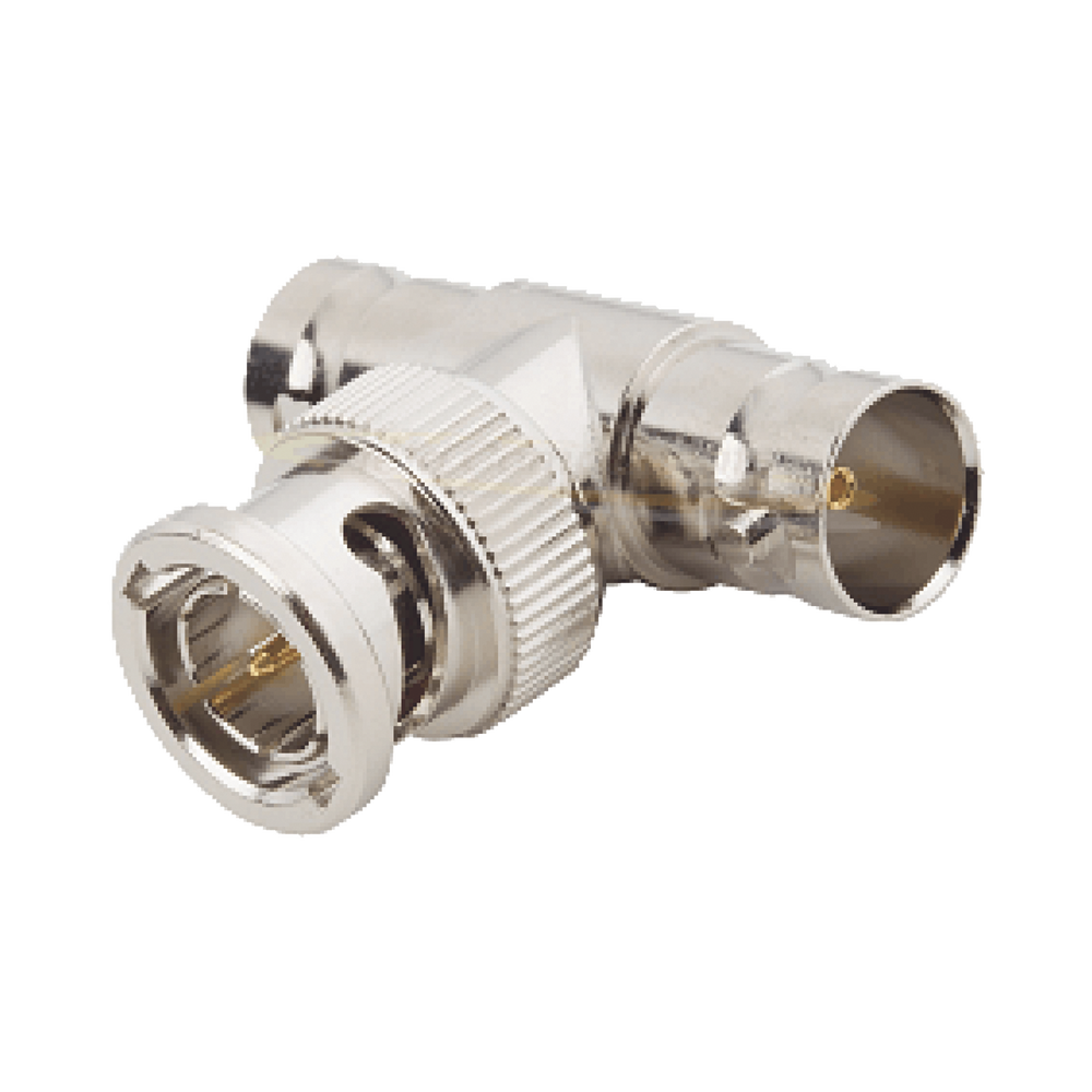 Adaptador en T para 50 Ohm de BNC Macho a Doble BNC Hembra, Maquinado, Níquel/ Oro/ Teflón.